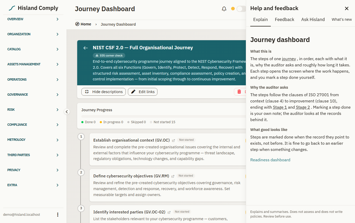A journey in Hisland Comply with the Explain panel open, describing what the step is and why the auditor asks.